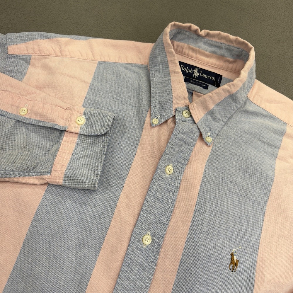 Vintage Ralph Lauren Pastel Oxford Button Down Shirt Mens L Blue Pink Striped